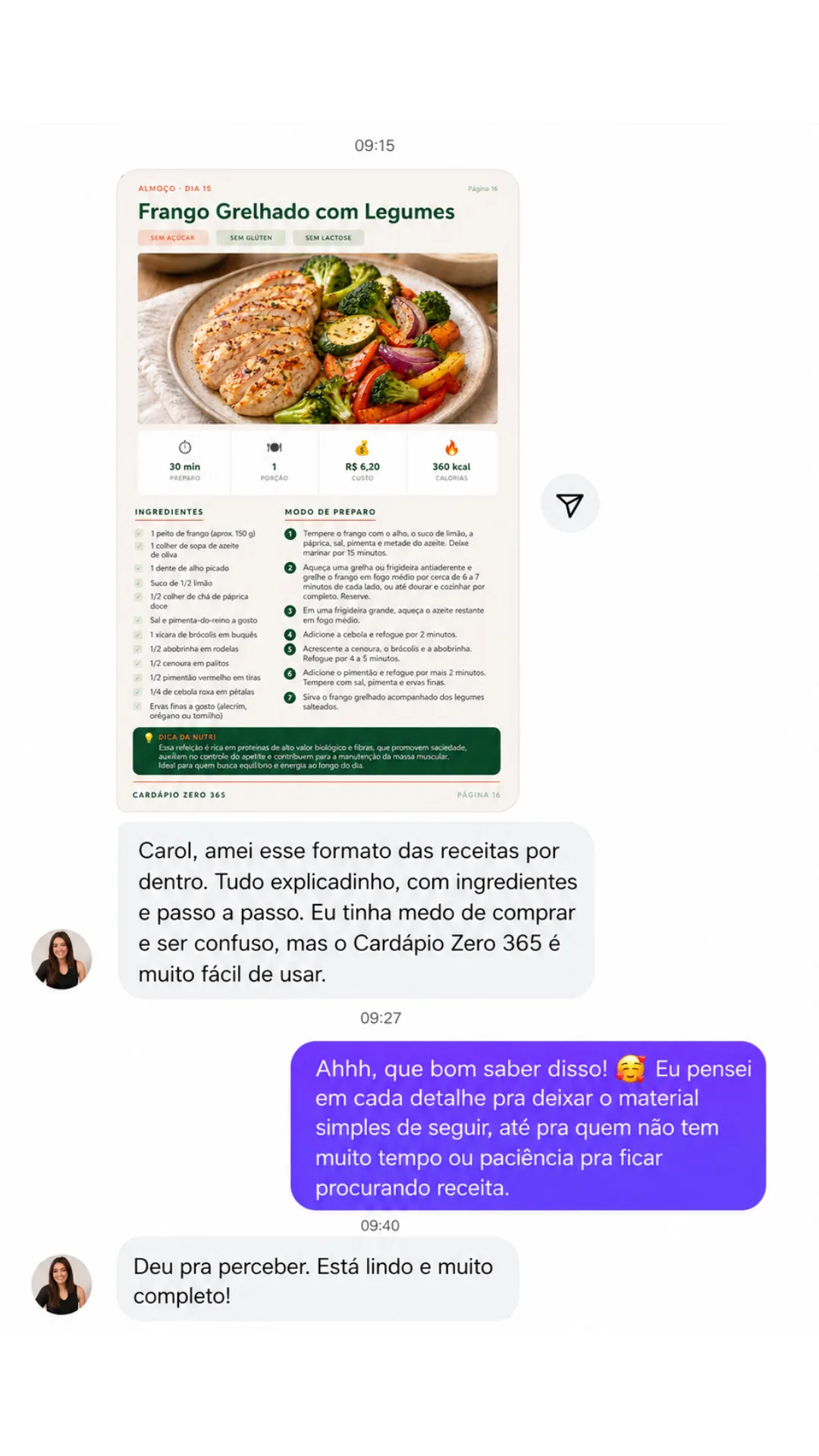 Depoimento de cliente sobre o Cardápio Zero 365 no WhatsApp