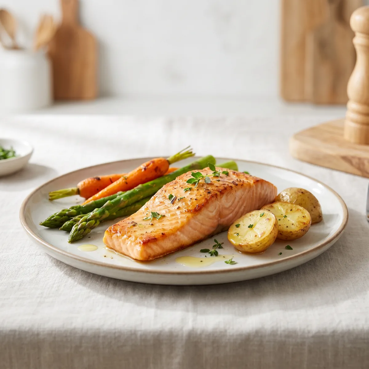 Filé de salmão grelhado com aspargos, cenoura e batatas