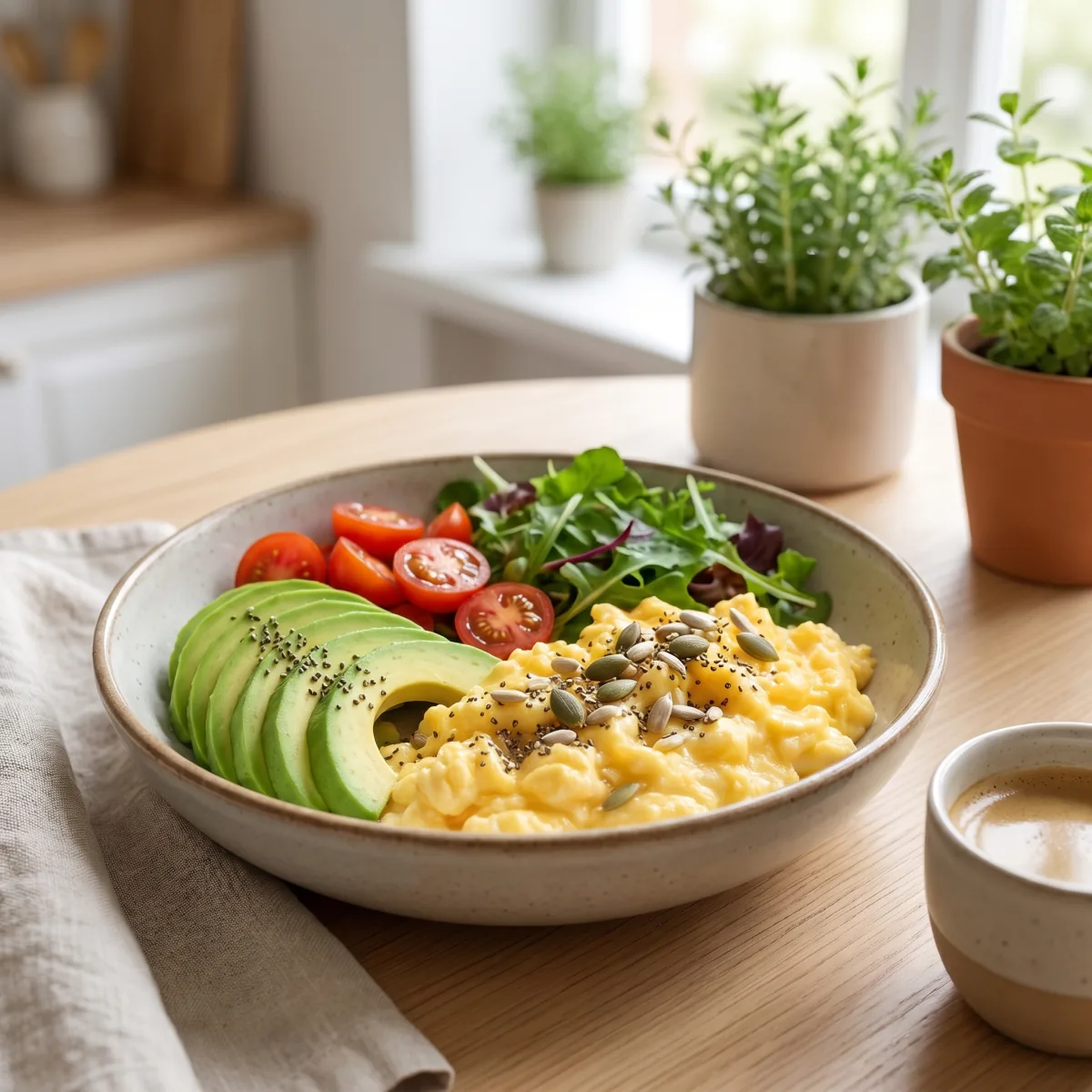 Bowl de ovos mexidos com abacate, tomate e folhas verdes